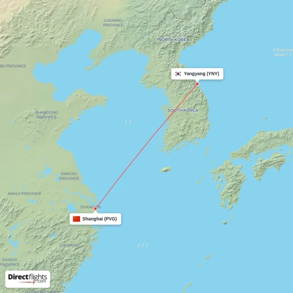 Shanghai - Yangyang direct flight map