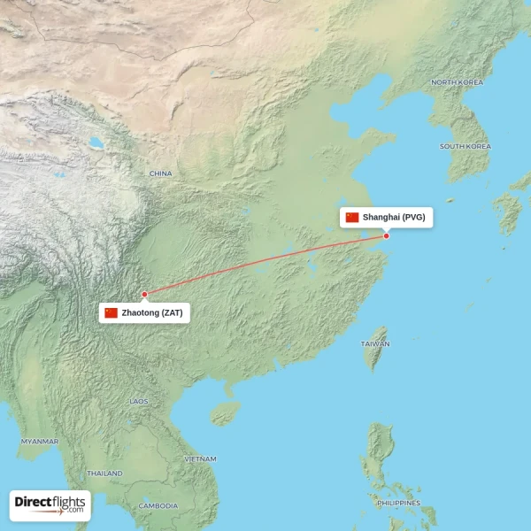 Shanghai - Zhaotong direct flight map