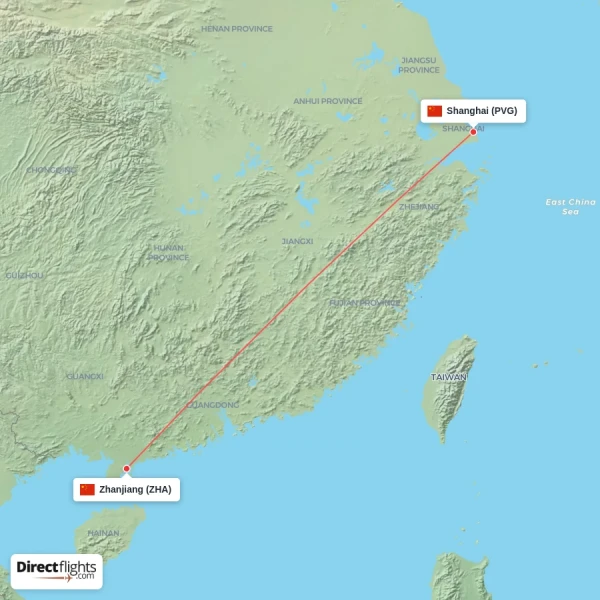 Shanghai - Zhanjiang direct flight map