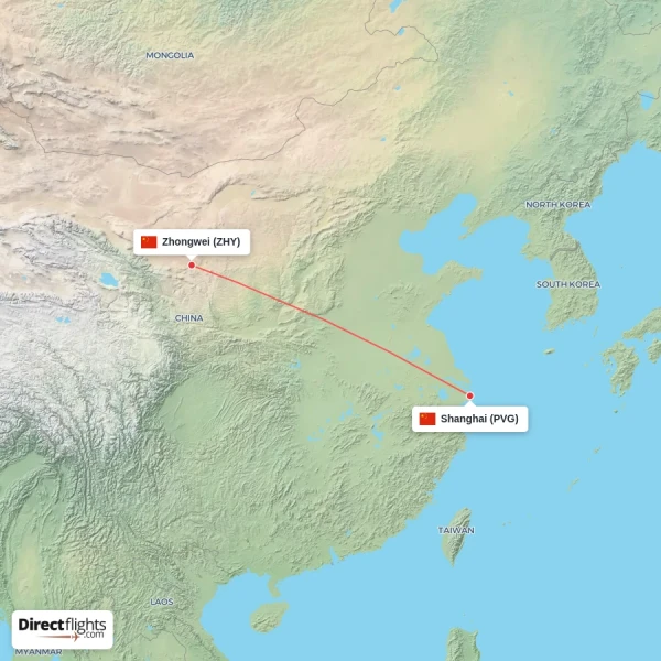 Shanghai - Zhongwei direct flight map