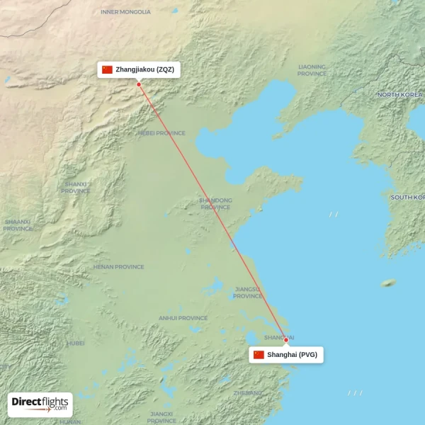 Shanghai - Zhangjiakou direct flight map