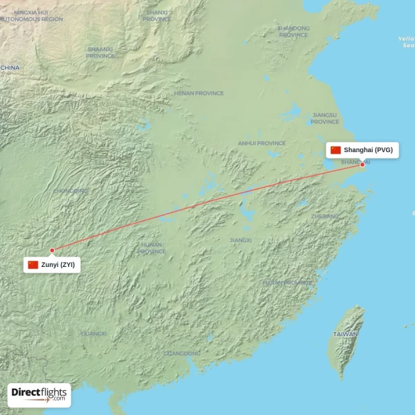 Shanghai - Zunyi direct flight map