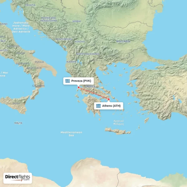 Preveza - Athens direct flight map