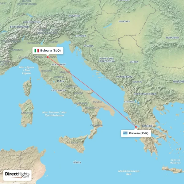 Preveza - Bologna direct flight map
