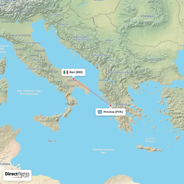 Preveza - Bari direct flight map