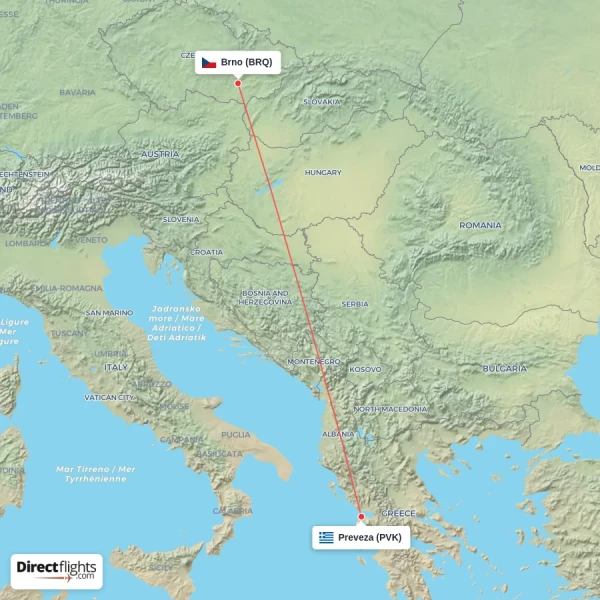 Preveza - Brno direct flight map