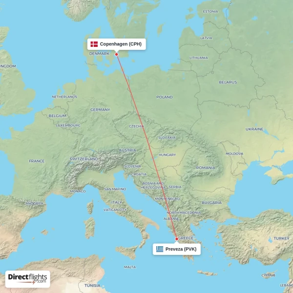 Preveza - Copenhagen direct flight map
