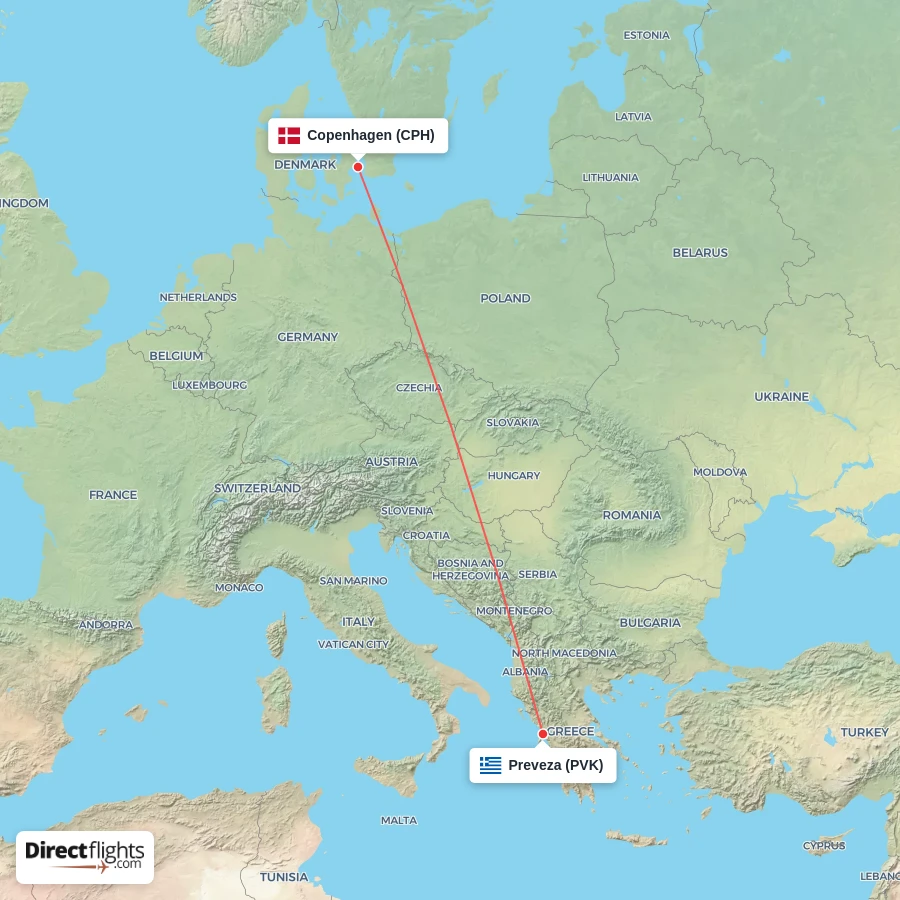 PVK - CPH route map