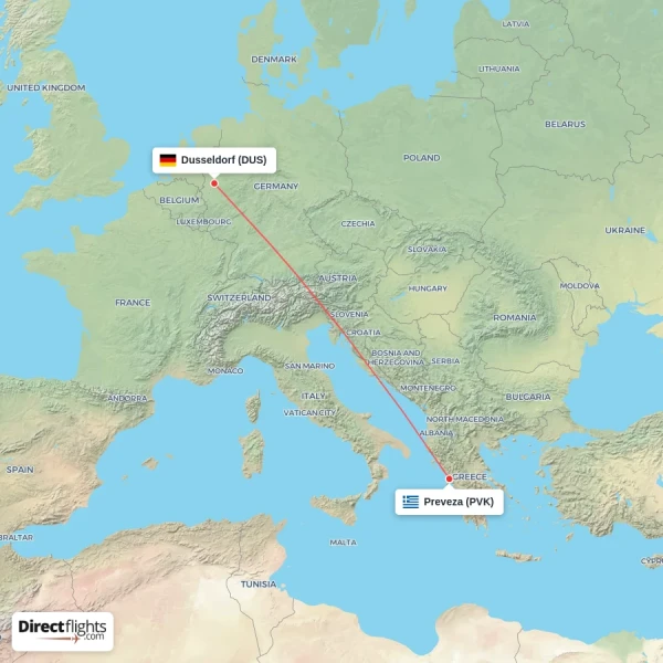 Preveza - Dusseldorf direct flight map