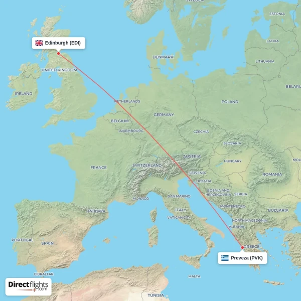 Preveza - Edinburgh direct flight map
