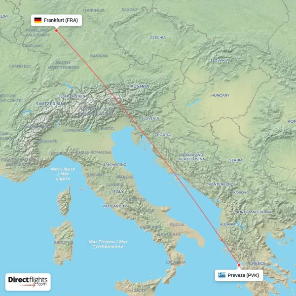 Preveza - Frankfurt direct flight map
