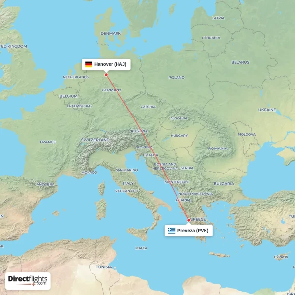 Preveza - Hanover direct flight map
