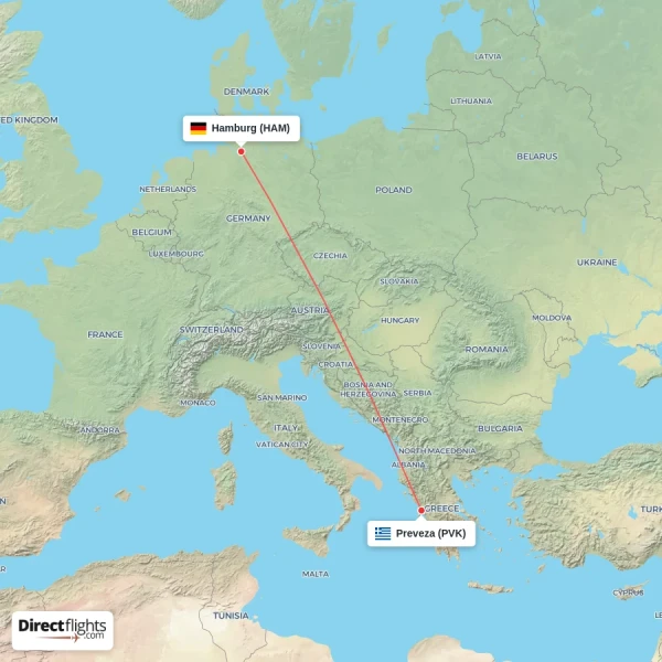 Preveza - Hamburg direct flight map