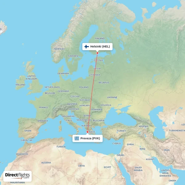 Preveza - Helsinki direct flight map