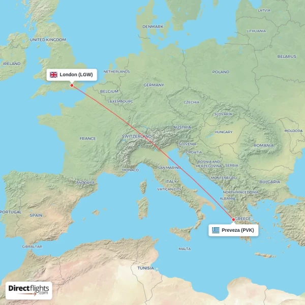 Preveza - London direct flight map