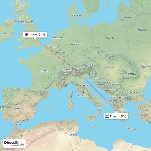 Preveza - London direct flight map