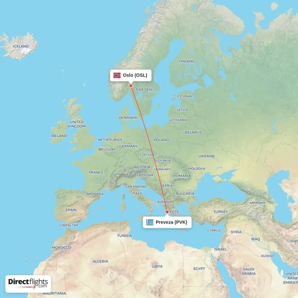 Preveza - Oslo direct flight map
