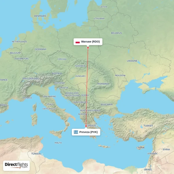 Preveza - Warsaw direct flight map