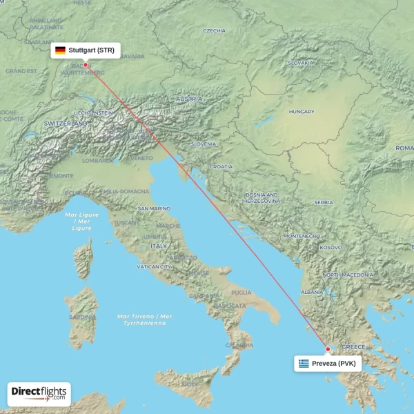 Preveza - Stuttgart direct flight map