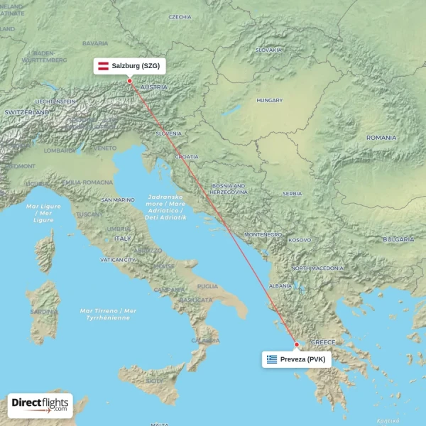 Preveza - Salzburg direct flight map