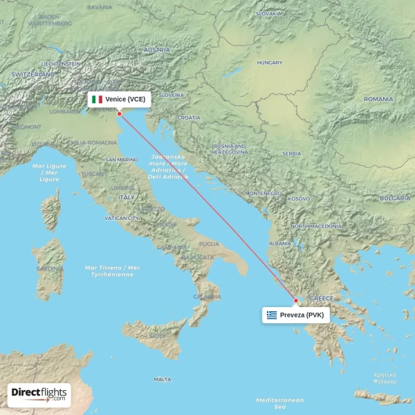 Preveza - Venice direct flight map