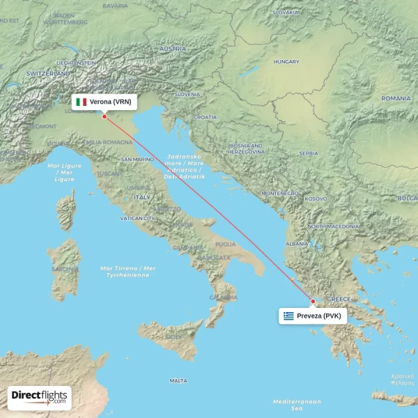 Preveza - Verona direct flight map