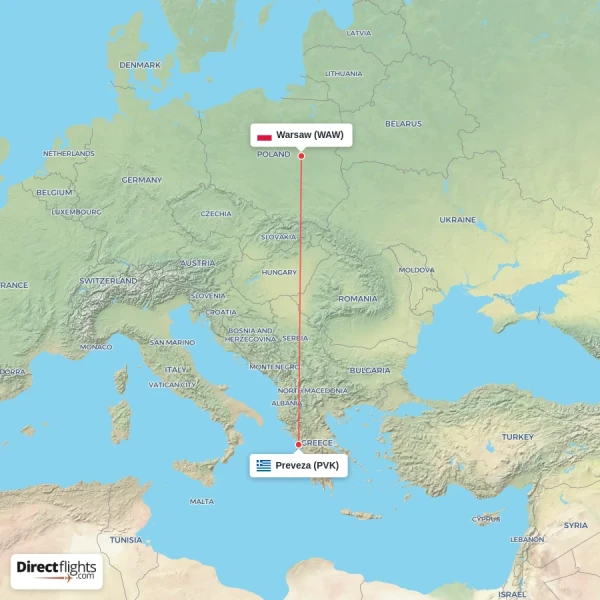 Preveza - Warsaw direct flight map