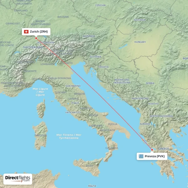Preveza - Zurich direct flight map