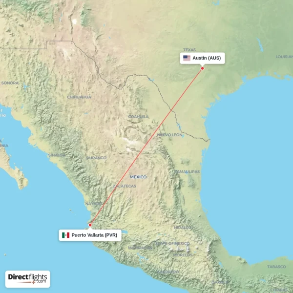 Puerto Vallarta - Austin direct flight map
