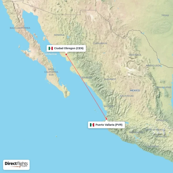 Puerto Vallarta - Ciudad Obregon direct flight map