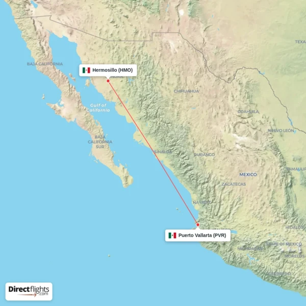 Puerto Vallarta - Hermosillo direct flight map
