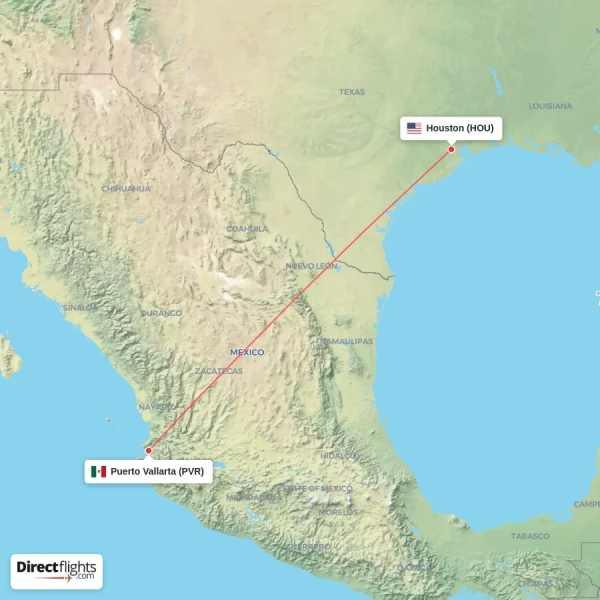 Puerto Vallarta - Houston direct flight map