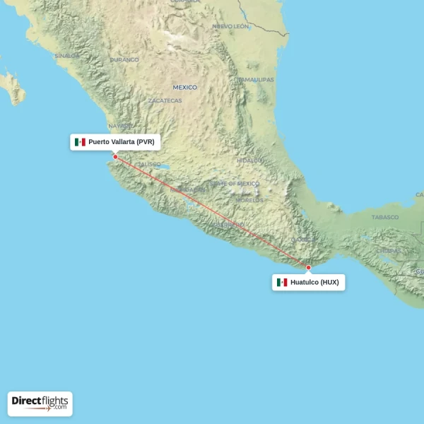 Puerto Vallarta - Huatulco direct flight map