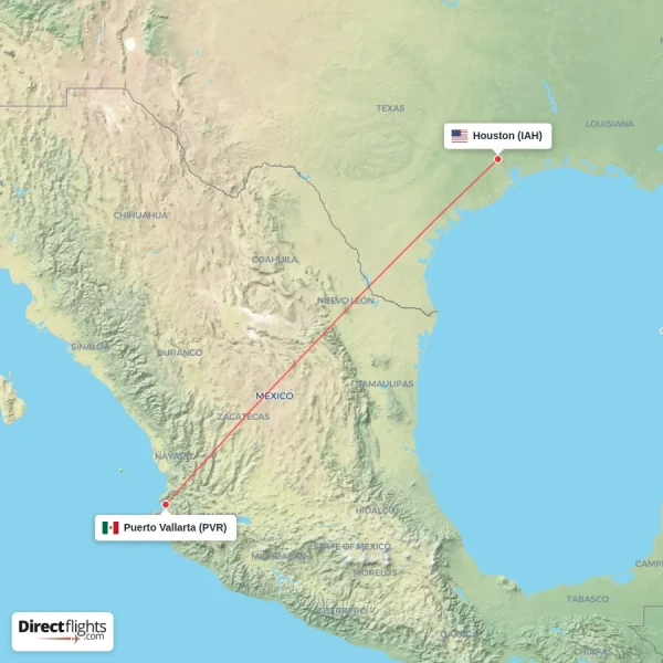 Puerto Vallarta - Houston direct flight map