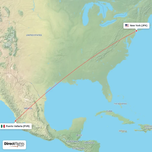 Puerto Vallarta - New York direct flight map