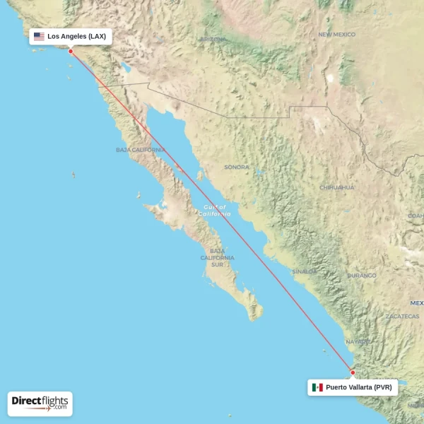 Puerto Vallarta - Los Angeles direct flight map