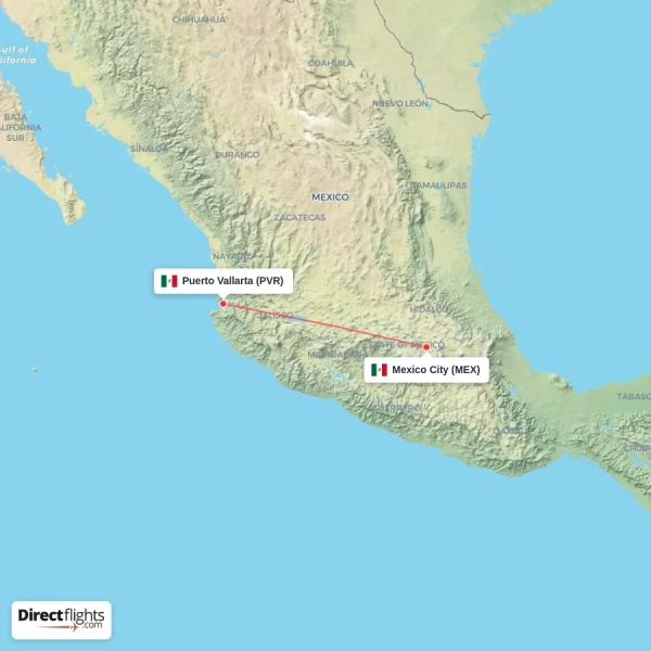 Puerto Vallarta - Mexico City direct flight map