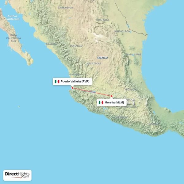 Puerto Vallarta - Morelia direct flight map