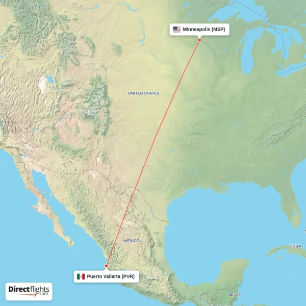 Puerto Vallarta - Minneapolis direct flight map