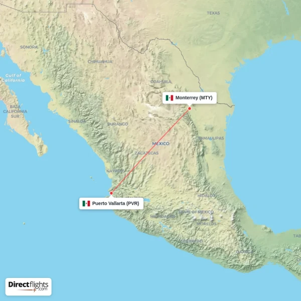 Puerto Vallarta - Monterrey direct flight map