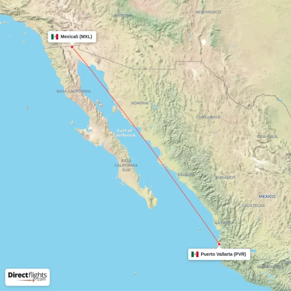 Puerto Vallarta - Mexicali direct flight map