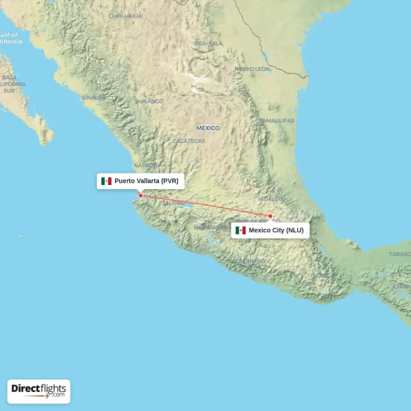 Puerto Vallarta - Mexico City direct flight map
