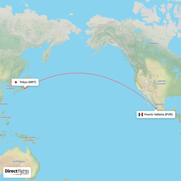 Puerto Vallarta - Tokyo direct flight map
