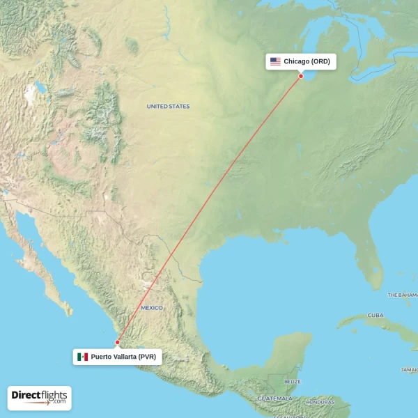 Puerto Vallarta - Chicago direct flight map
