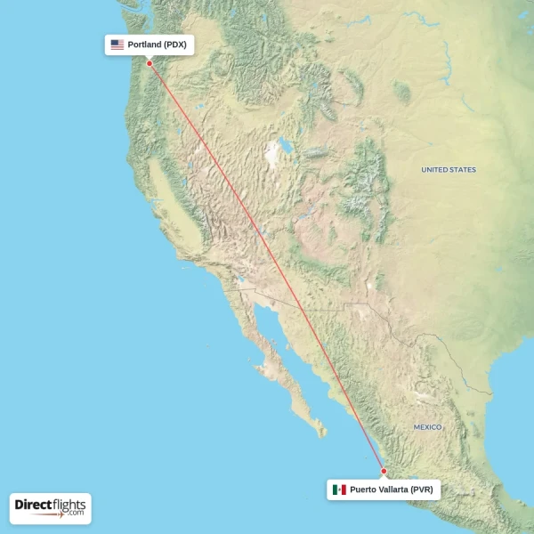 Puerto Vallarta - Portland direct flight map
