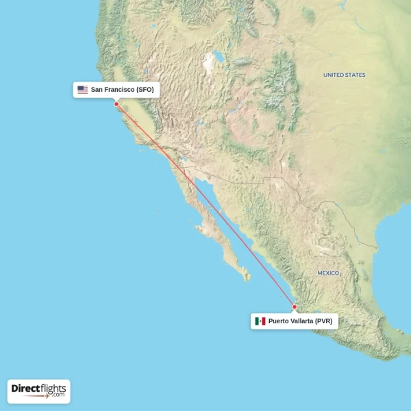 Puerto Vallarta - San Francisco direct flight map