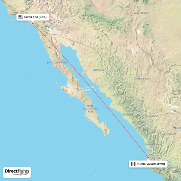 Puerto Vallarta - Santa Ana direct flight map