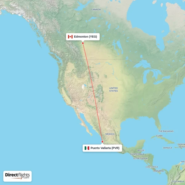 Puerto Vallarta - Edmonton direct flight map