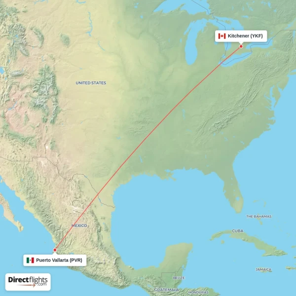 Puerto Vallarta - Kitchener direct flight map