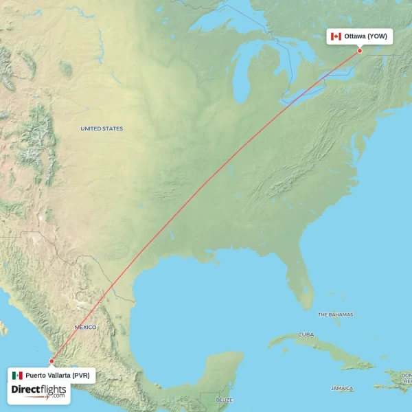 Puerto Vallarta - Ottawa direct flight map